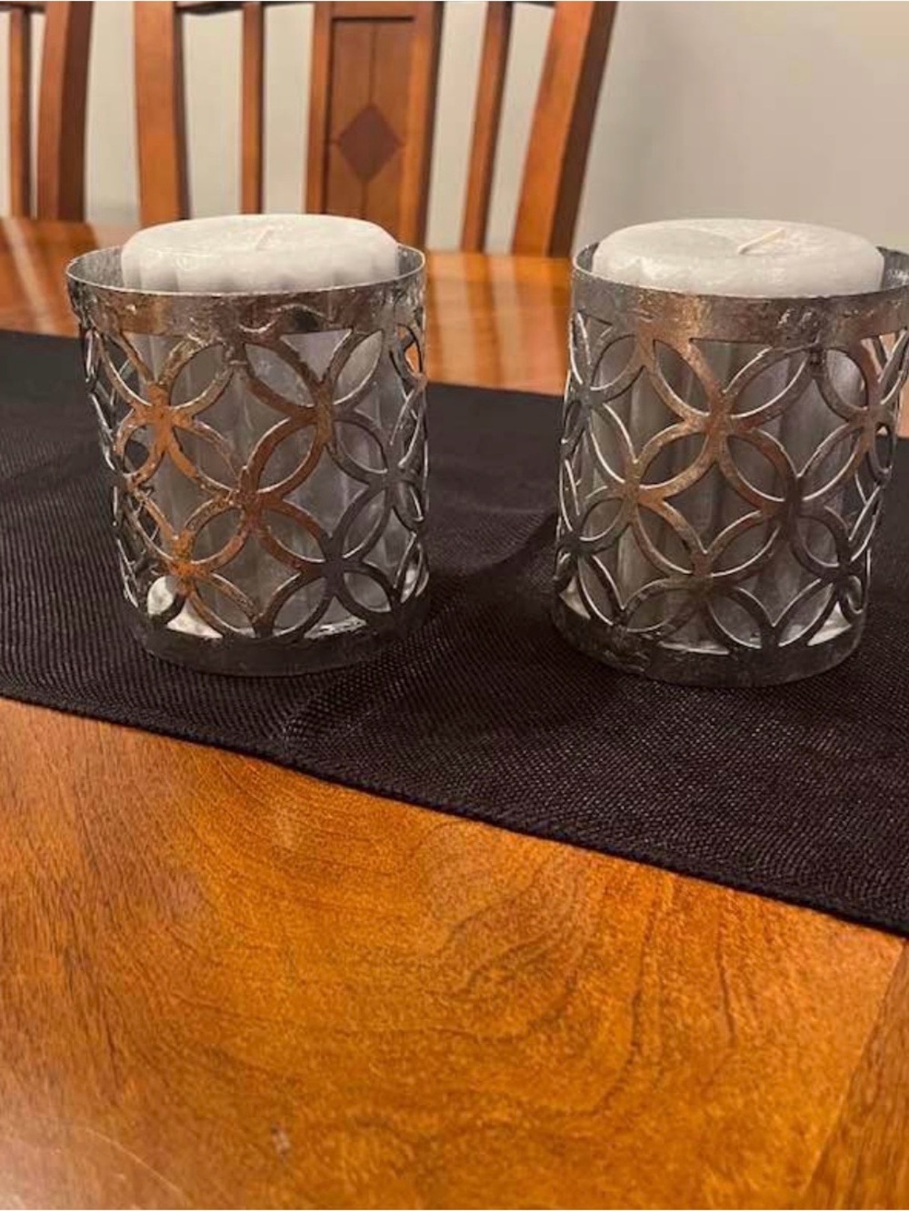 Decorative Metal Candle Holders with Gray Pillar Candles - Set of 2